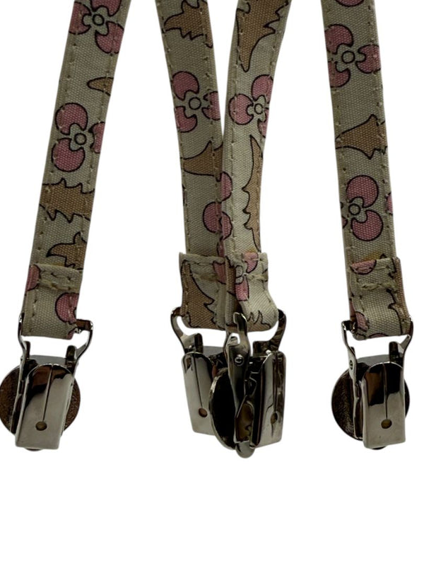 Chanel *Rare* printed suspenders with pink enamel CC logo clips — includes Chanel box
