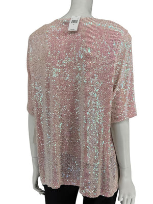 Caroline Rose Blush Sequin Knit Short-Sleeve Top – Size XL