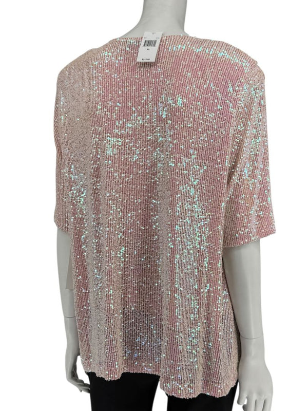 Caroline Rose Blush Sequin Knit Short-Sleeve Top – Size XL