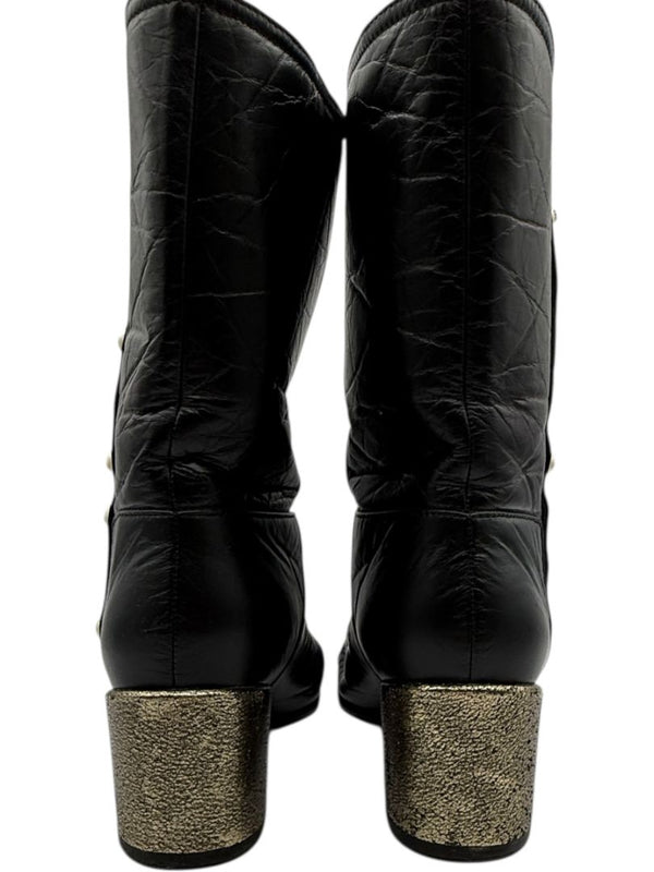 Chanel Black Leather & Patent Cap Toe Boots with Pearl Button Detail – Size 41