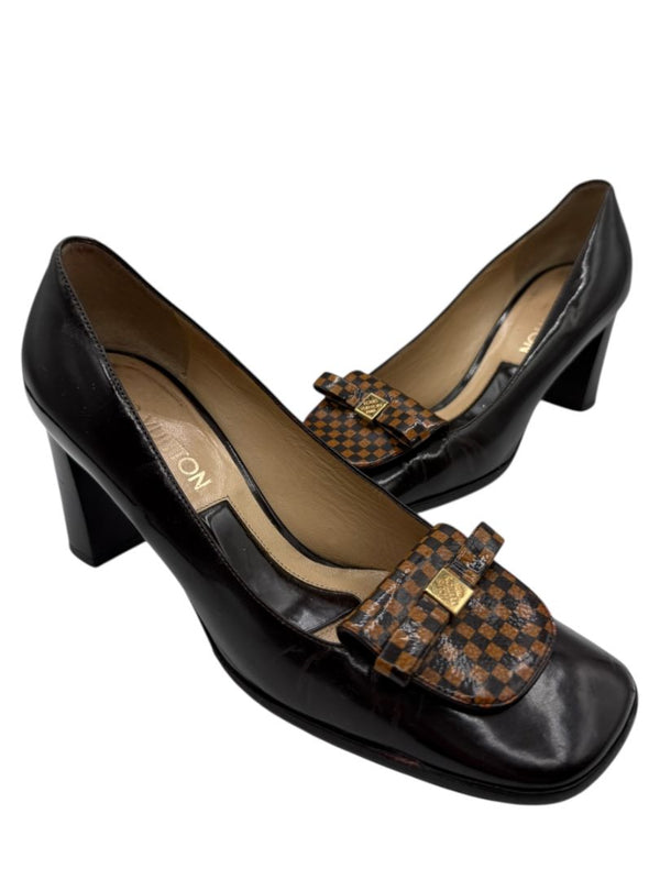 Louis Vuitton Brown Patent Leather Damier Accent Pumps Size 36.5