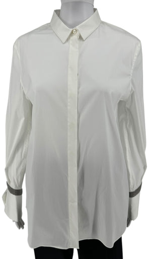Brunello Cucinelli White Cotton Shirt with Monili Trim – Size L