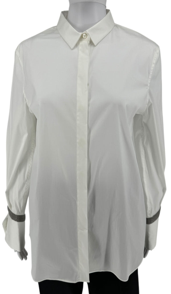 Brunello Cucinelli White Cotton Shirt with Monili Trim – Size L