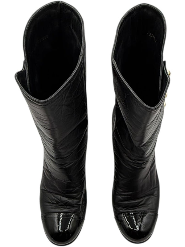 Chanel Black Leather & Patent Cap Toe Boots with Pearl Button Detail – Size 41