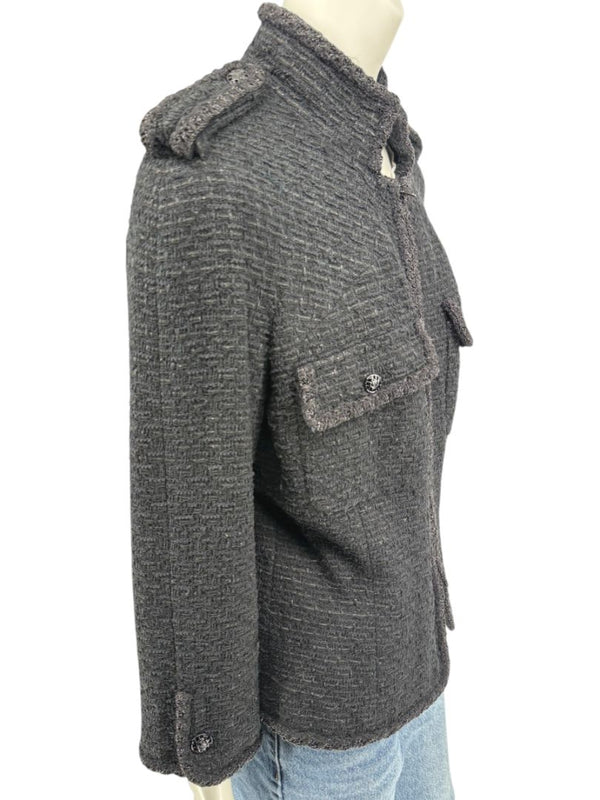 Chanel Women’s Black Textured Tweed Military-Inspired Jacket – Size 44