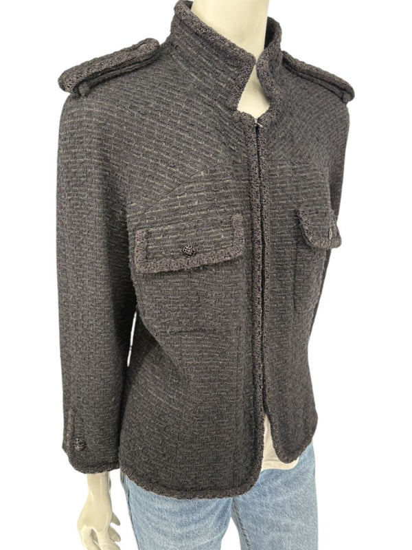 Chanel Women’s Black Textured Tweed Military-Inspired Jacket – Size 44