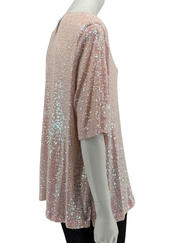 Caroline Rose Blush Sequin Knit Short-Sleeve Top – Size XL