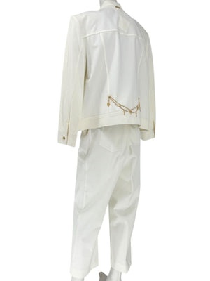 Escada White Stretch Denim Two-Piece Jacket & Pant Suit – Jacket Size XL / Pants Size 16