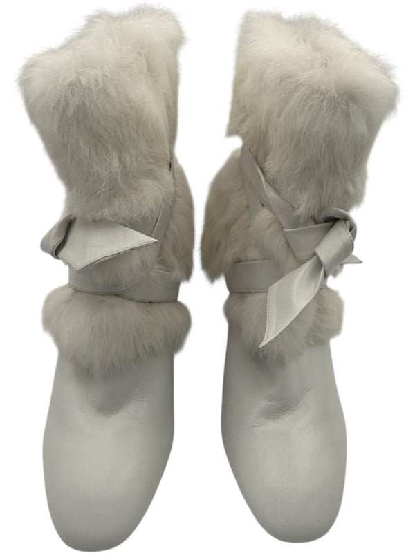 Alexandre Birman White Leather & Fur Ankle Booties – Size 39