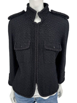 Chanel Women’s Black Textured Tweed Military-Inspired Jacket – Size 44