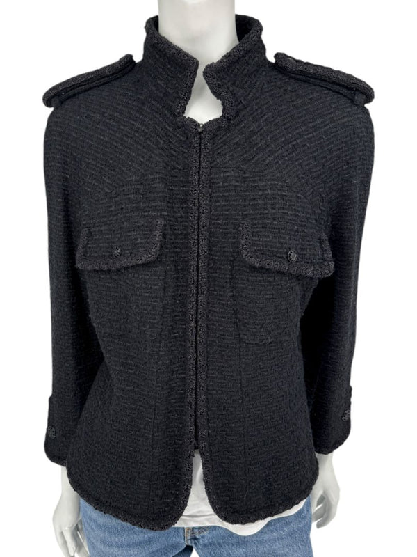 Chanel Women’s Black Textured Tweed Military-Inspired Jacket – Size 44