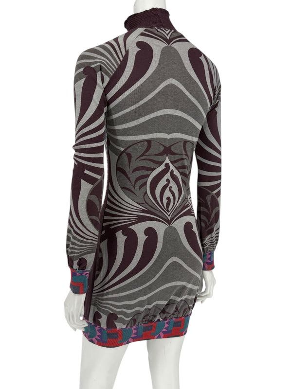 Custo Barcelona High-Neck Printed Long-Sleeve Mini Dress – Size Small