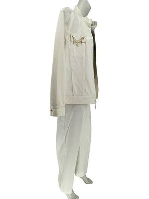 Escada White Stretch Denim Two-Piece Jacket & Pant Suit – Jacket Size XL / Pants Size 16