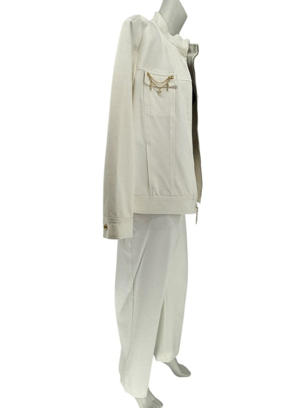 Escada White Stretch Denim Two-Piece Jacket & Pant Suit – Jacket Size XL / Pants Size 16