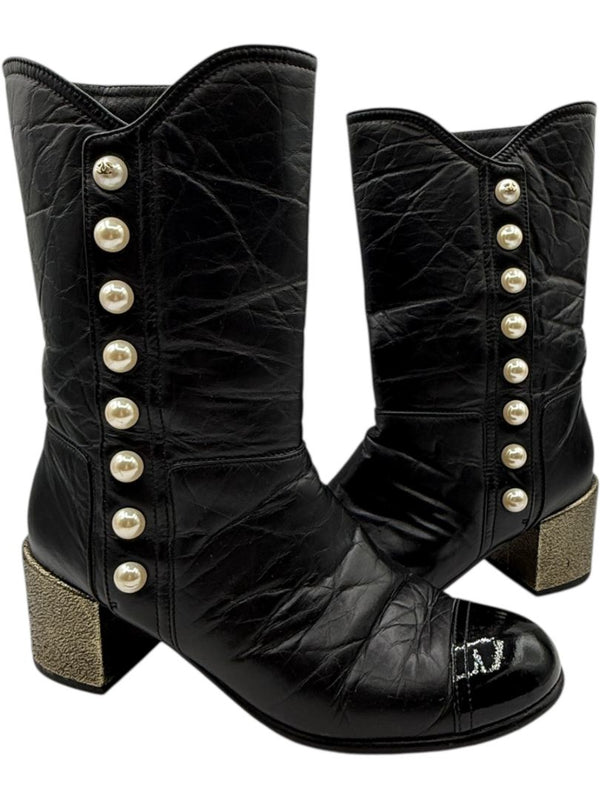 Chanel Black Leather & Patent Cap Toe Boots with Pearl Button Detail – Size 41