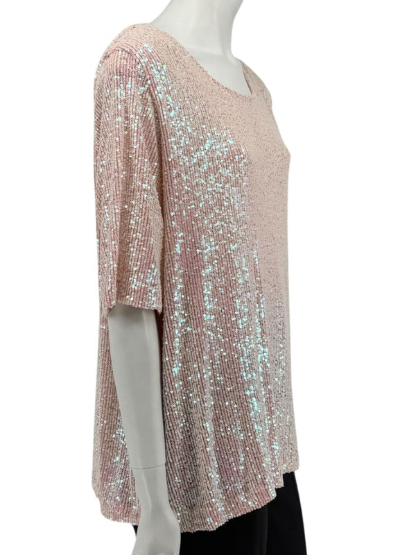 Caroline Rose Blush Sequin Knit Short-Sleeve Top – Size XL