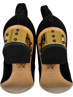 Charlotte Olympia Black Suede Ankle Booties with Studded Gold Heels – Size 39