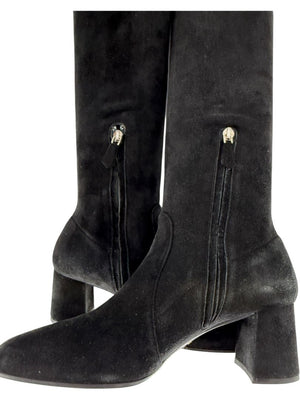 Prada Black Suede Block Heel Knee Boots – Size 39