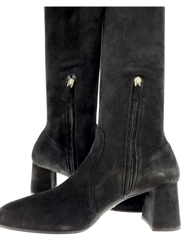 Prada Black Suede Block Heel Knee Boots – Size 39