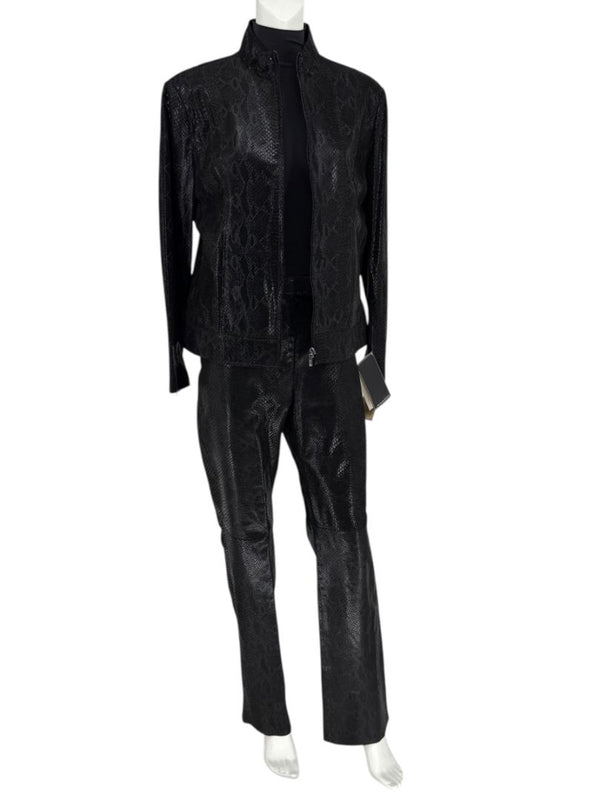 Adler Collection Black & Grey Faux Snake Embossed Leather Pantsuit – New with Tags