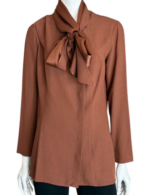Pamella Roland Rust Silk Crepe Tie-Neck Blouse – Large