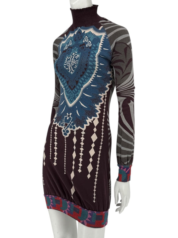 Custo Barcelona High-Neck Printed Long-Sleeve Mini Dress – Size Small