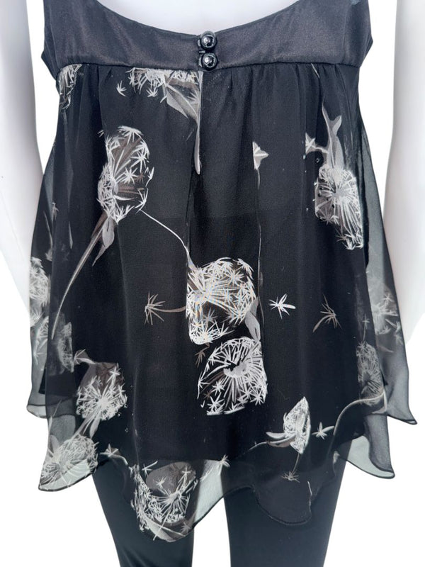 Rebecca Taylor Black Dandelion-Print Chiffon Camisole – Size 8 – NWT