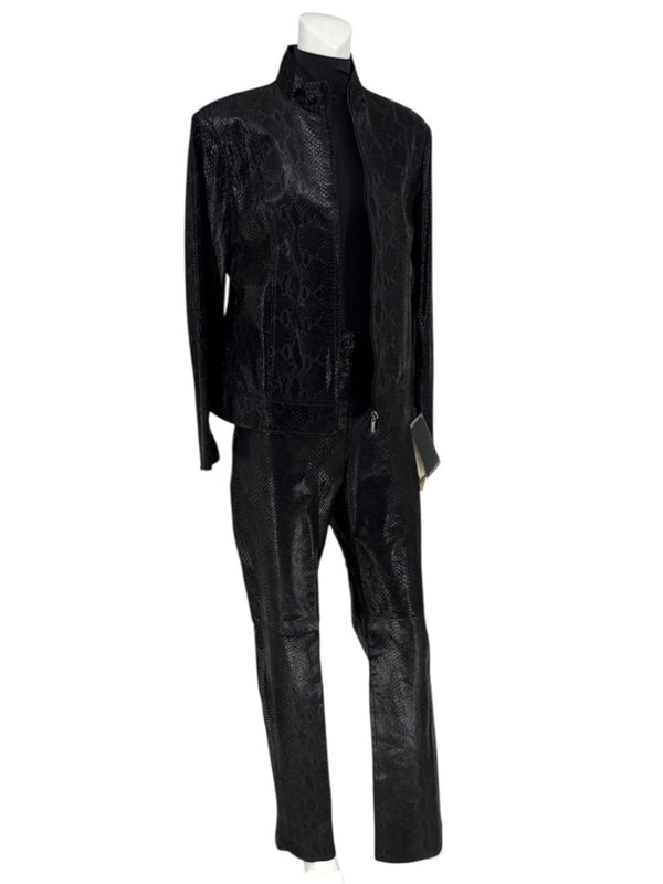 Adler Collection Black & Grey Faux Snake Embossed Leather Pantsuit – New with Tags