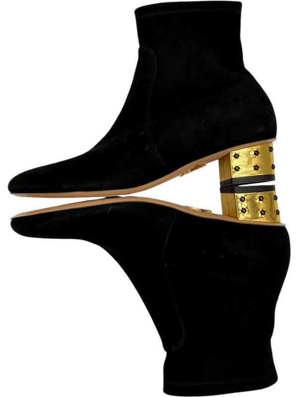 Charlotte Olympia Black Suede Ankle Booties with Studded Gold Heels – Size 39