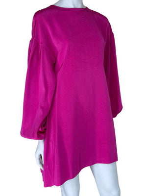 Adam Lippes Fuchsia Balloon-Sleeve Tiered Mini Dress – Size XS