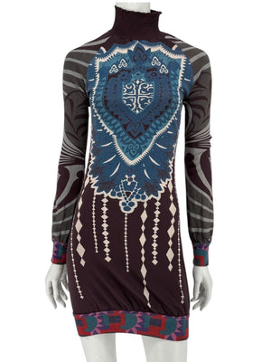 Custo Barcelona High-Neck Printed Long-Sleeve Mini Dress – Size Small