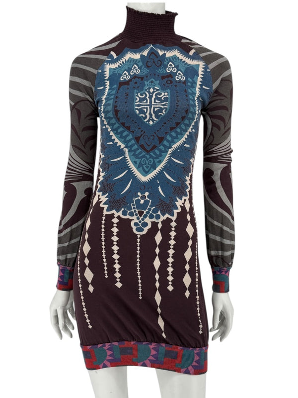 Custo Barcelona High-Neck Printed Long-Sleeve Mini Dress – Size Small