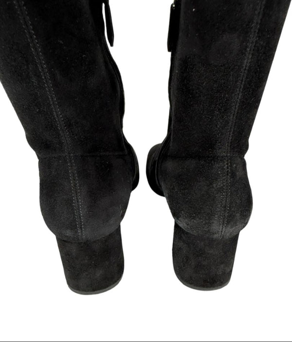 Prada Black Suede Block Heel Knee Boots – Size 39