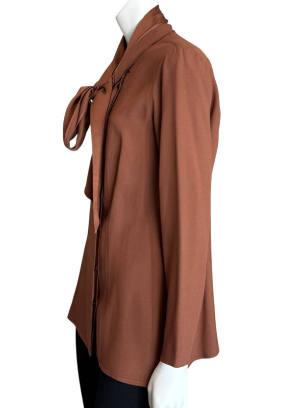 Pamella Roland Rust Silk Crepe Tie-Neck Blouse – Large
