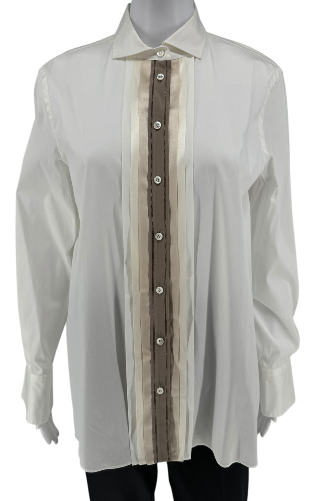 Brunello Cucinelli White Cotton Shirt with Monili Trim – Size L