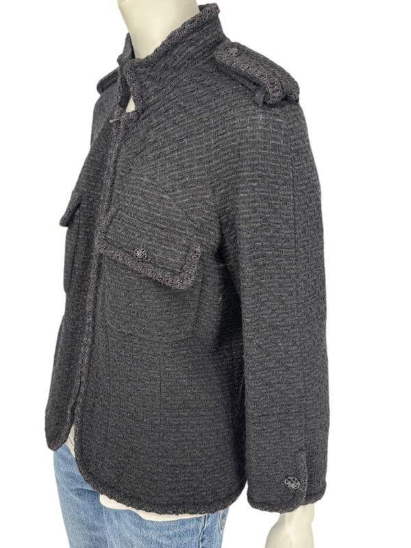 Chanel Women’s Black Textured Tweed Military-Inspired Jacket – Size 44