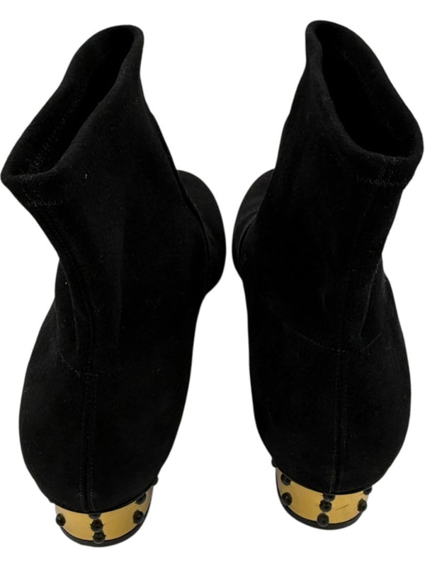 Charlotte Olympia Black Suede Ankle Booties with Studded Gold Heels – Size 39