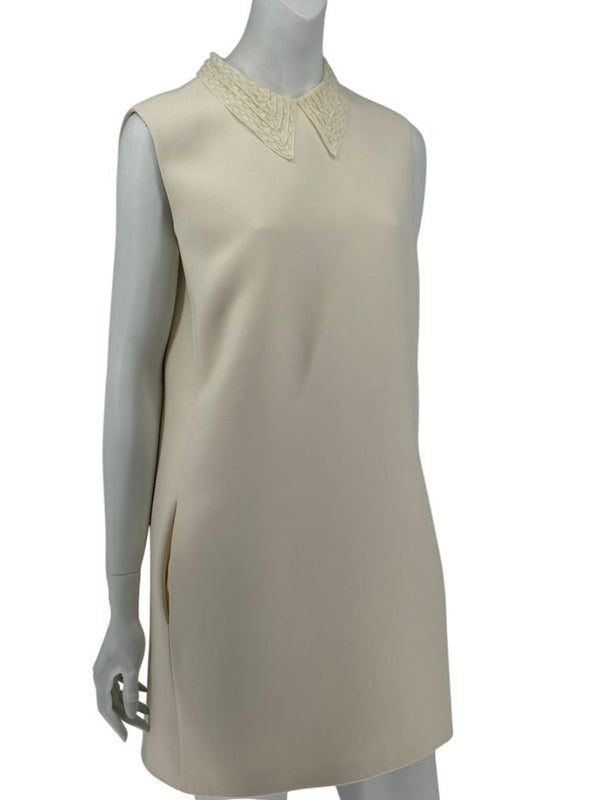 Christian Dior Ivory Wool Silk Blend Crepe Shift Mini Dress- Collared, Sleeveless Size 42/10