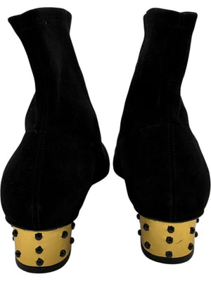 Charlotte Olympia Black Suede Ankle Booties with Studded Gold Heels – Size 39