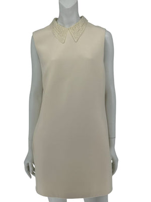 Christian Dior Ivory Wool Silk Blend Crepe Shift Mini Dress- Collared, Sleeveless Size 42/10