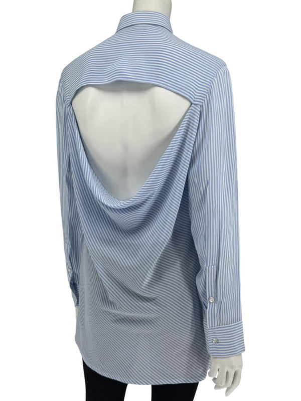 Valentino Blue & White Striped Silk Blouse with Draped Back – Size US 8