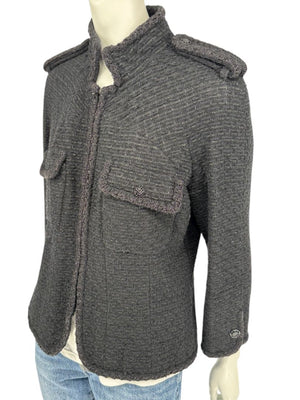 Chanel Women’s Black Textured Tweed Military-Inspired Jacket – Size 44