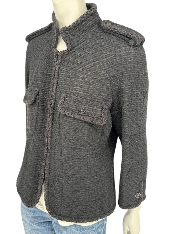 Chanel Women’s Black Textured Tweed Military-Inspired Jacket – Size 44