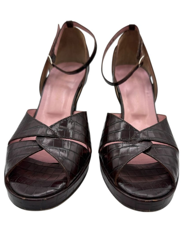 Donald J Pliner Couture Brown Embossed Leather Peep-Toe Heels – Size 10