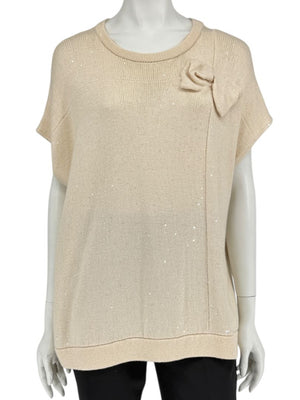 Brunello Cucinelli Beige Cashmere Sequin-Embellished Knit Top with Bow Detail – Size: XL