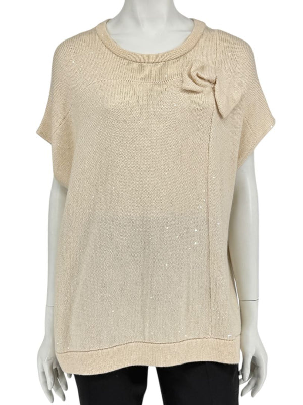Brunello Cucinelli Beige Cashmere Sequin-Embellished Knit Top with Bow Detail – Size: XL