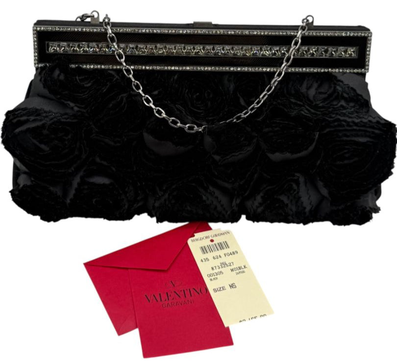 Valentino Satin Jeweled & Satin Rosette Clutch/Shoulder bag - Black