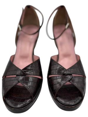 Donald J Pliner Couture Brown Embossed Leather Peep-Toe Heels – Size 10