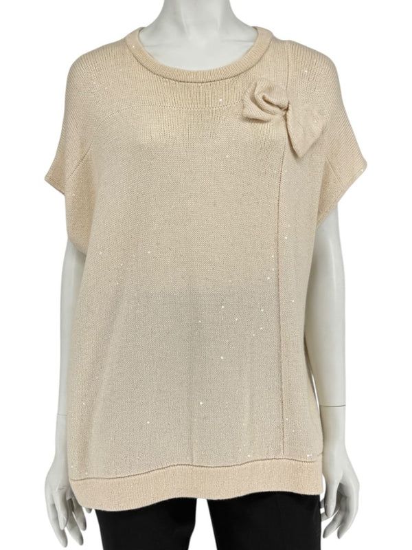 Brunello Cucinelli Beige Cashmere Sequin-Embellished Knit Top with Bow Detail – Size: XL