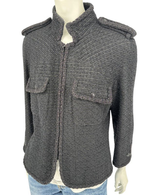 Chanel Women’s Black Textured Tweed Military-Inspired Jacket – Size 44